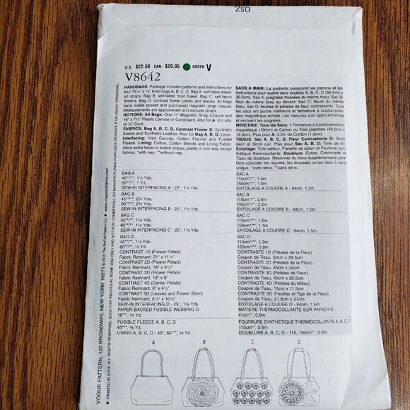 00s Vogue Pattern V8642 Handbag Purse Shoulder Bag Braided Straps Fabric Flowers - Picture 3 of 3